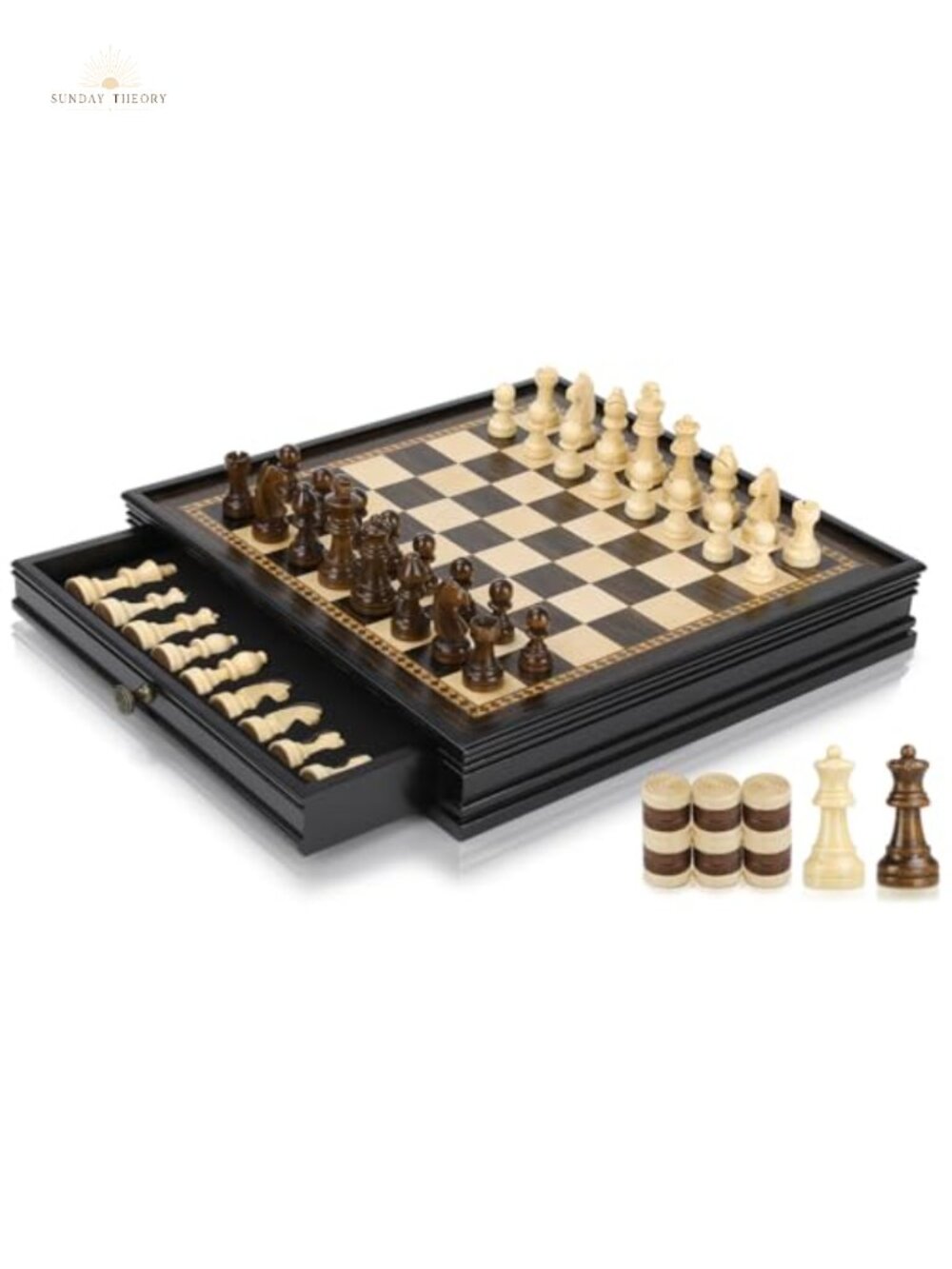 Magnetic Chess and Checkers Set - Wooden Board Game with 2 Storage Drawers